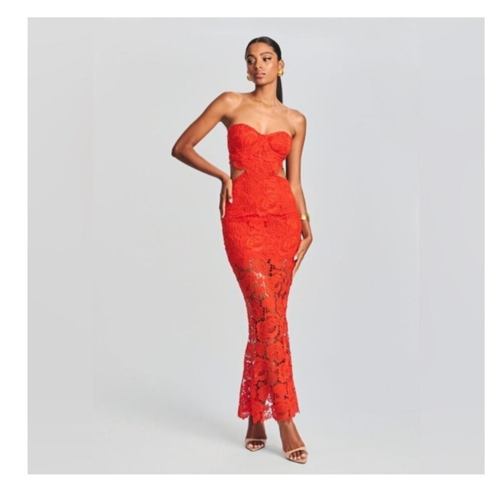 NWT Amable By Mable Red Lace Cutout Strapless Maxi Dress
